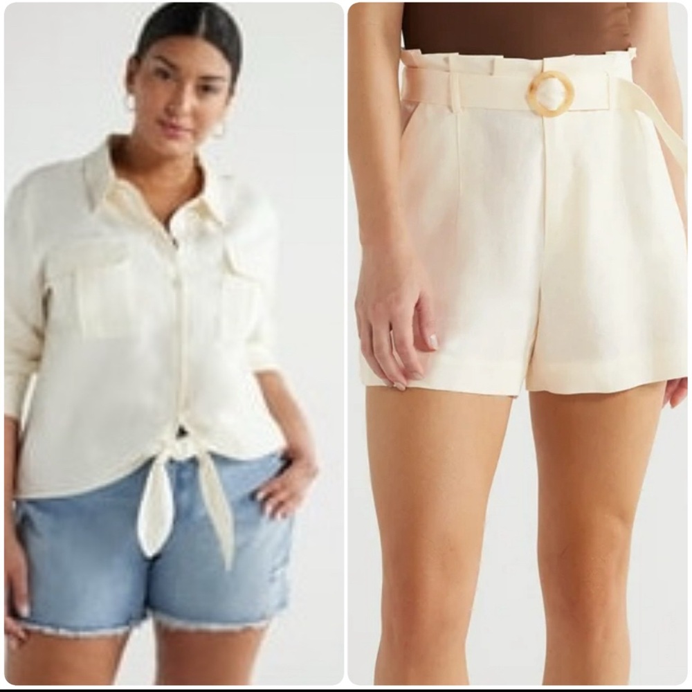 Women's Cream Button-Up Tie-Front shirt with matching shorts.